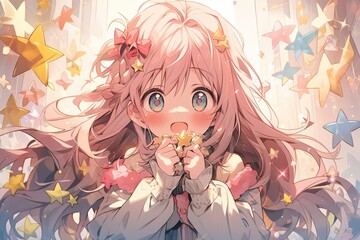 beautiful anime girl with pink hairs, little stars and flowers in background, illustration