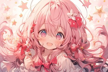 beautiful anime girl with pink hairs, little stars and flowers in background, illustration
