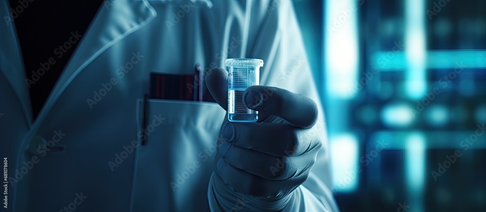 Poster scientist displays genetic agent as symbolic covid 19 remedy copy space image place for adding text 