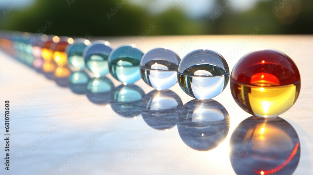 Poster a row of colorful glass balls sitting on top of a white table next to a green and red glass ball in 