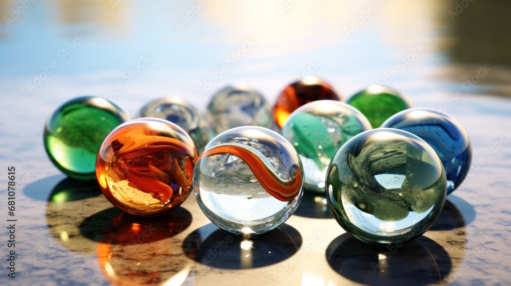 Poster a group of marbles sitting on top of a table next to each other on top of a glass table top with a r