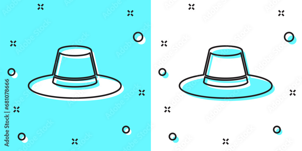 Poster black line man hat with ribbon icon isolated on green and white background. random dynamic shapes. v