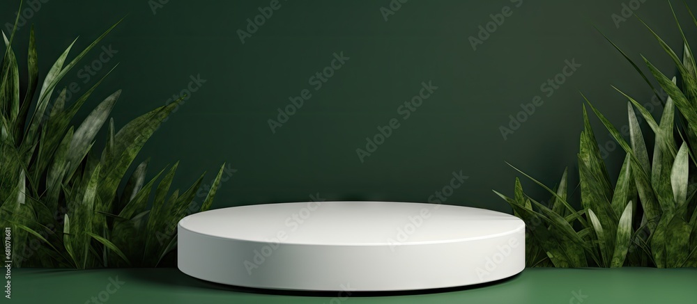 Aufkleber product presentation on a white podium in a meadow with a dark green wall background in 3d copy spac