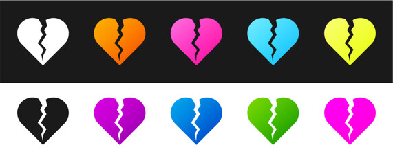 Set Broken heart or divorce icon isolated on black and white background. Love symbol. Happy Valentines day. Vector
