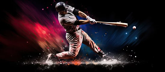 Fotobehang Silhouette of baseball player hitting ball on black backdrop Copy space image Place for adding text or design © Ilgun