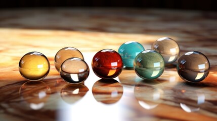  a group of glass marbles sitting on top of a marble counter top in front of a marble floor with a reflection of the glass in the middle of the marble.