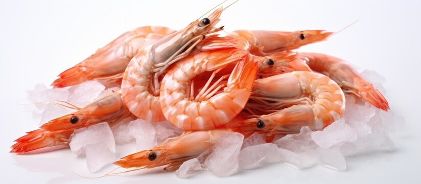 Raw uncooked prawns on white background Copy space image Place for adding text or design