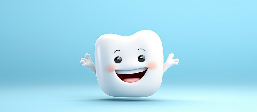 Smiling 3D cartoon tooth icon for kids dentist clinic emphasizing dental care and oral health Copy space image Place for adding text or design