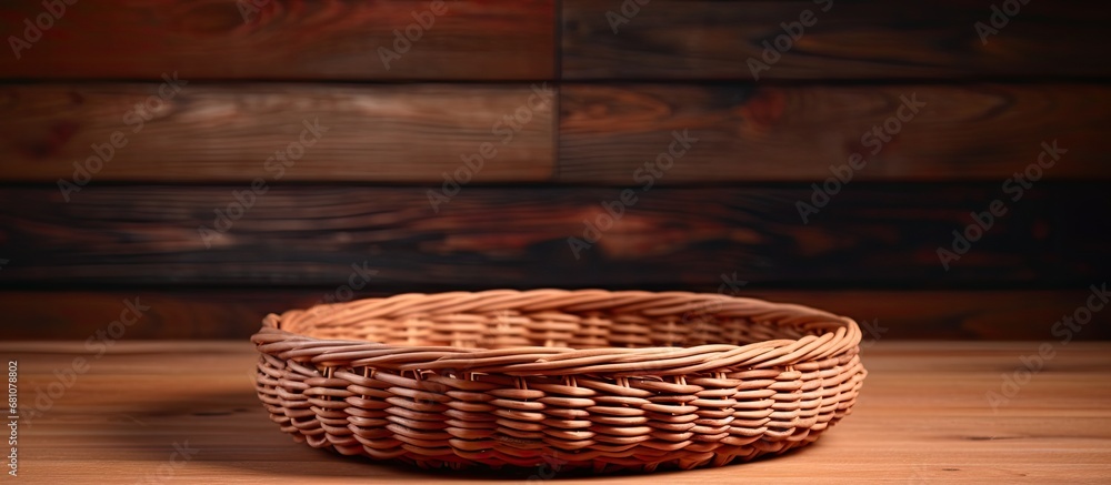 Poster round rattan basketry for serving dishes on a wooden table copy space image place for adding text or