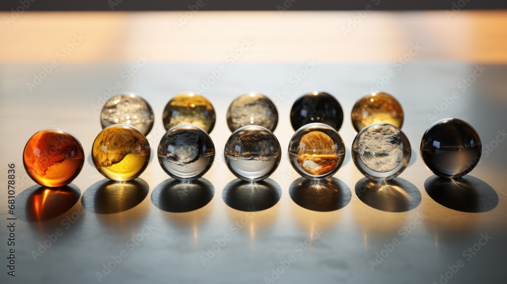 Poster a group of glass marbles sitting on top of a table next to each other on top of a wooden table next 