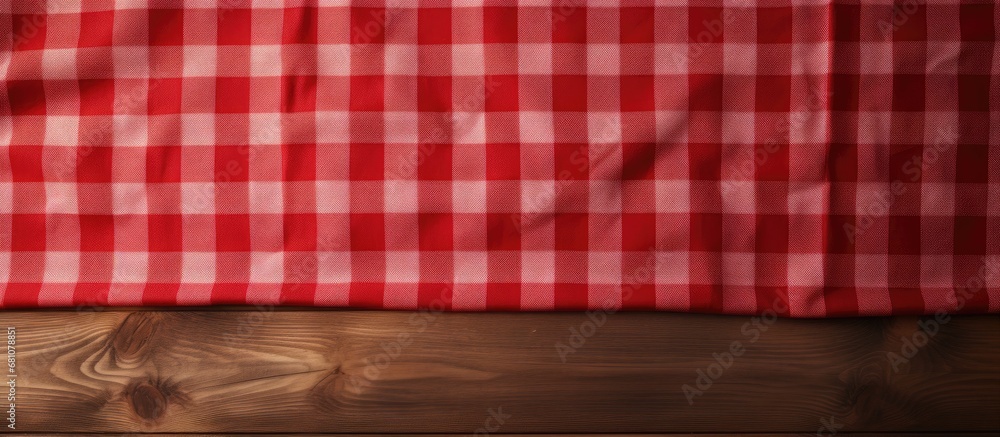 Poster red tablecloth on wooden surface with copyspace viewed from above copy space image place for adding 