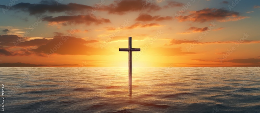Poster religious symbol over sea representing salvation copy space image place for adding text or design