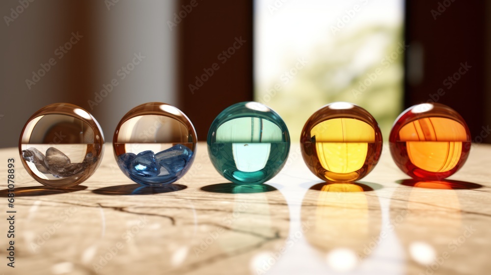 Poster a group of three glass vases sitting on top of a marble table next to a window with a view of the ou