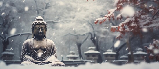 Snow falls on a winter statue of Buddha in the forest Copy space image Place for adding text or design