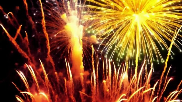Shots and explosions of colorful fireworks in the night sky. A short video of colorful New Year's fireworks.