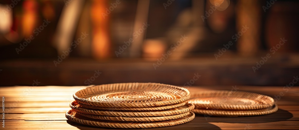 Poster round rattan basketry for serving dishes on a wooden table copy space image place for adding text or