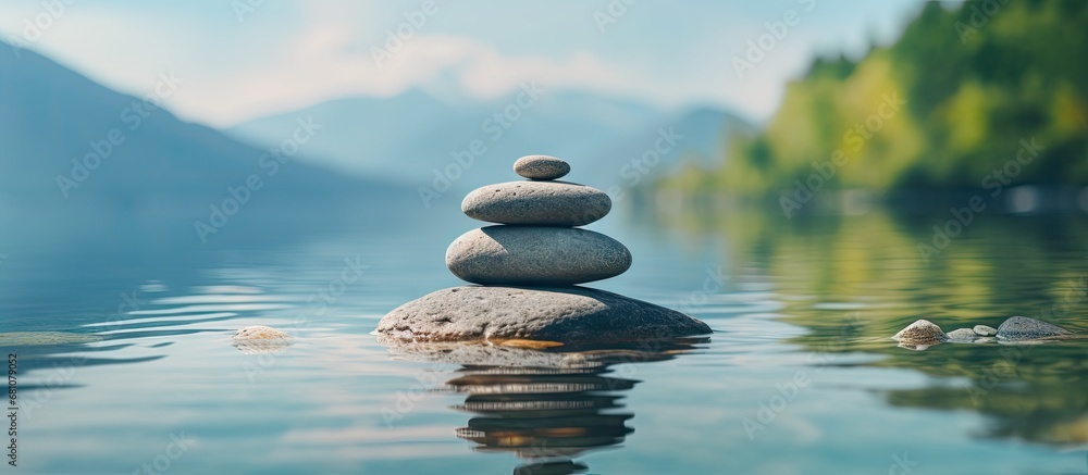 Poster photographing the serene balance of water stone and zen tower in a stable meditation background copy