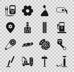 Set Car air pump, Engine piston, Petrol or Gas station, Gear shifter, mechanic, Location with car service, Multimeter and tire wheel icon. Vector