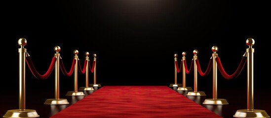 Red carpet for VIP entrance at awards or show events with gold stanchions Copy space image Place for adding text or design - obrazy, fototapety, plakaty