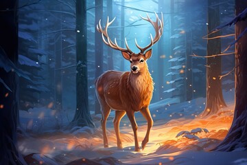 Young red deer buck standing in the frosted grass on an early cold winter morning, England. Animals in winter. AI generated illustration