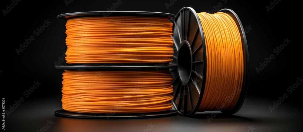 Poster samples of filament for a 3d printer in the color orange copy space image place for adding text or d