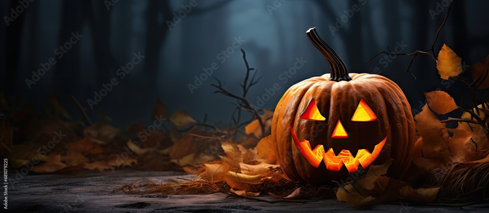 Aufkleber pumpkin lantern for halloween with black background and dry leaves copy space image place for adding
