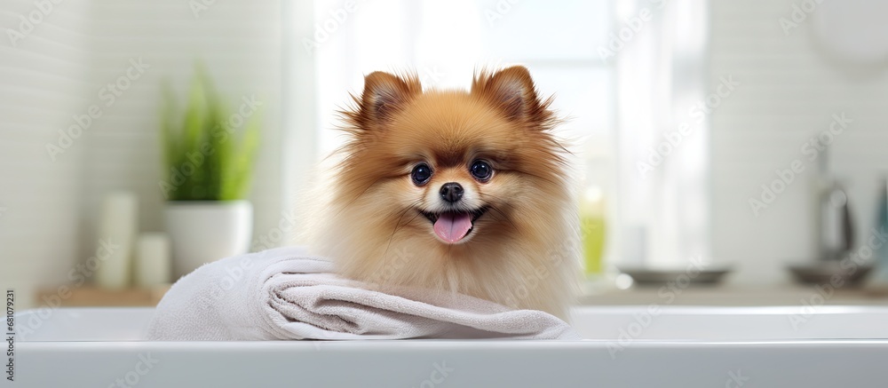 Poster pomeranian dog post bathing copy space image place for adding text or design