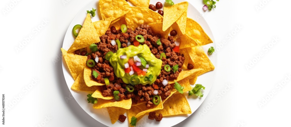 Poster plate of nachos with meat and guacamole on white background copy space image place for adding text o
