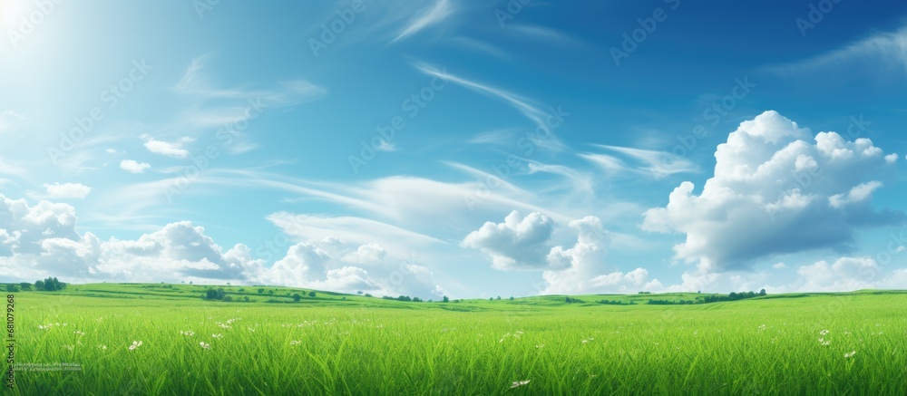 Poster picturesque spring landscape with a wide field and green grass copy space image place for adding tex