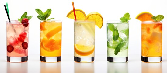 Refreshing summer cocktails featuring fruit mint ice citrus lemonade and fresh orange and mango showcased in a wine glass on a white background within a restaurant menu Copy space image Place f