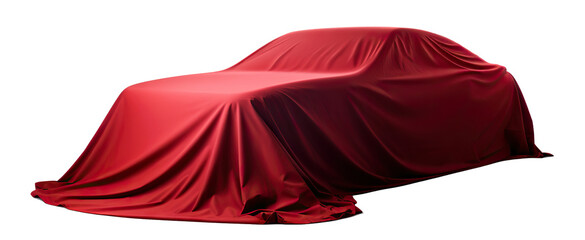 Red fabric draping over an automobile, cut out - obrazy, fototapety, plakaty