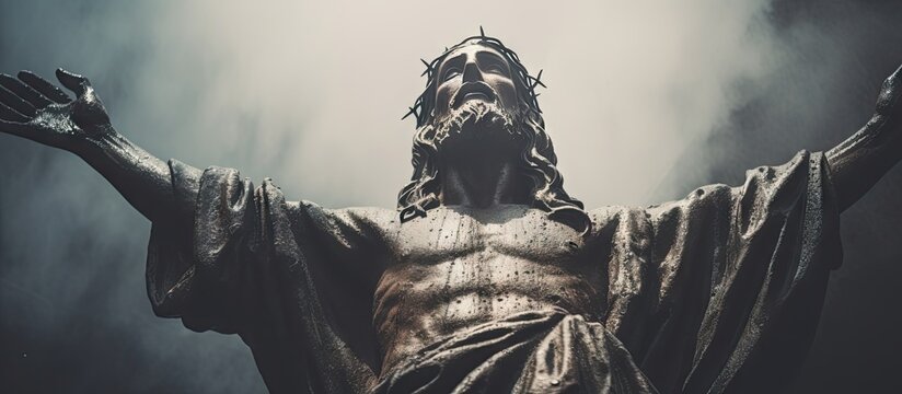 Selective focus on eyes of ancient statue of Jesus Christ with cross viewed from below Copy space image Place for adding text or design