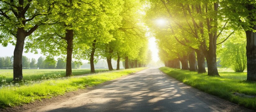 Scenic rural gravel alley lined with green linden trees Picturesque fairy forest landscape with soft sunlight and a sense of pure nature Copy space image Place for adding text or design