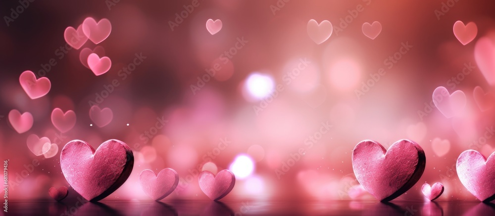 Poster pink heart background with bokeh for valentine s day copy space image place for adding text or desig