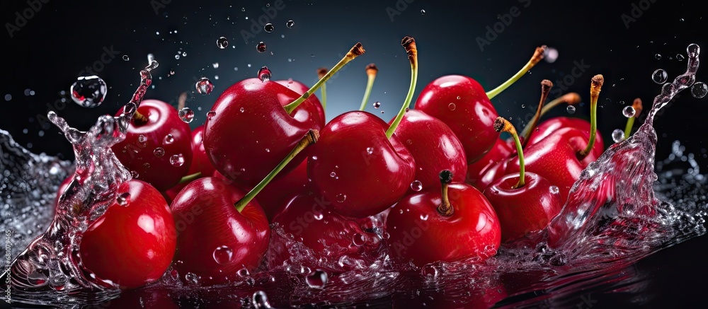 Poster red cherries and juice splash on black background copy space image place for adding text or design