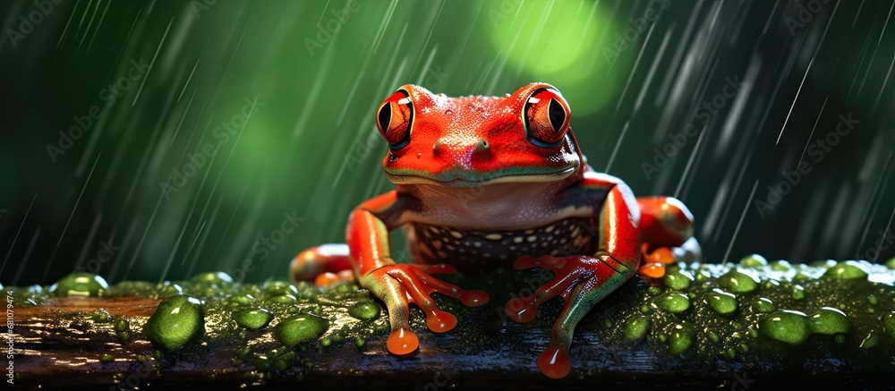 Poster selective focus photography of a rain drenched red frog clutching a leaf copy space image place for 
