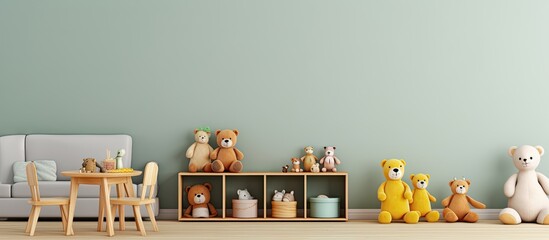 Scandinavian playroom design with wooden cabinet armchairs plush and wooden toys Stylish and cute childroom decor Eucalyptus walls Space for text Copy space image Place for adding text or desig