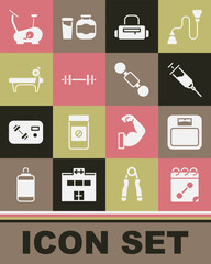 Set Calendar fitness, Bathroom scales, Doping syringe, Sport bag, Barbell, Bench with barbel, Stationary bicycle and Dumbbell icon. Vector