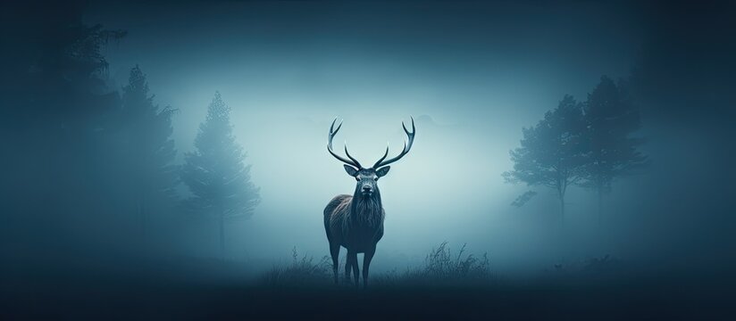 Red deer stag silhouette in mist Copy space image Place for adding text or design