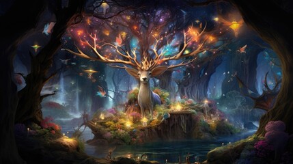 a world of magic and fantasy with fantastic creatures. Ancient trees, beautiful castles among trees and leafy mountains.