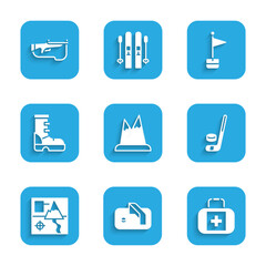 Set Mountains, Ice hockey goal, First aid kit, stick and puck, Folded map, Waterproof rubber boot, Location marker and Biathlon rifle icon. Vector