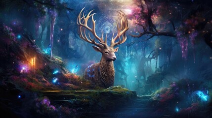 a world of magic and fantasy with fantastic creatures. Ancient trees, beautiful castles among trees and leafy mountains. - obrazy, fototapety, plakaty