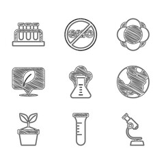 Set Chemical explosion, Test tube and flask, Microscope, Earth globe, Plant in pot, Location with leaf, Molecule and icon. Vector