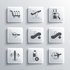 Set No water bottle, Globe with flying plane, Escalator down, up, Plane, Trolley baggage and Lost icon. Vector