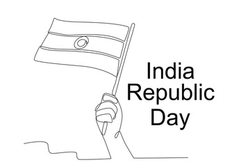 A hand waving a small Indian flag. Indian republic day one-line drawing