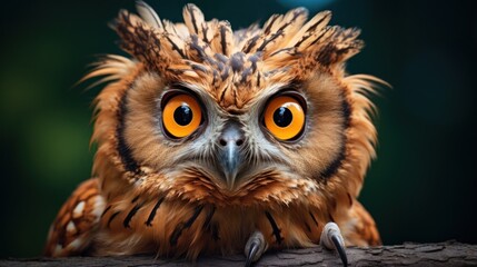 Fototapeta premium a close up of an owl's face on a tree branch with bright orange eyes and a dark background with a spot light shining in the center of the image.