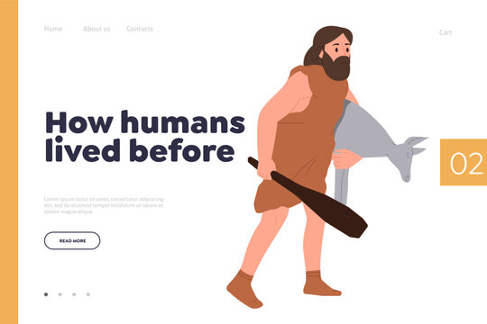 How humans lived before interesting information landing page template with caveman hunter design