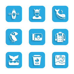 Set Ticket in Iceland, Yogurt container, Northern lights, Sweater, Whale tail, Albatross, and Kayak paddle icon. Vector