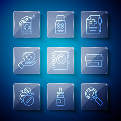 Set line Medicine pill or tablet, Bottle nasal spray, Medical analysis, prescription and pen, clipboard, Heart with cross, Cross hospital medical tag and Ointment cream tube medicine icon. Vector