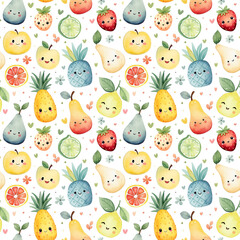 Fototapeta premium Watercolor seamless pattern with cute fruit characters isolated on white background.